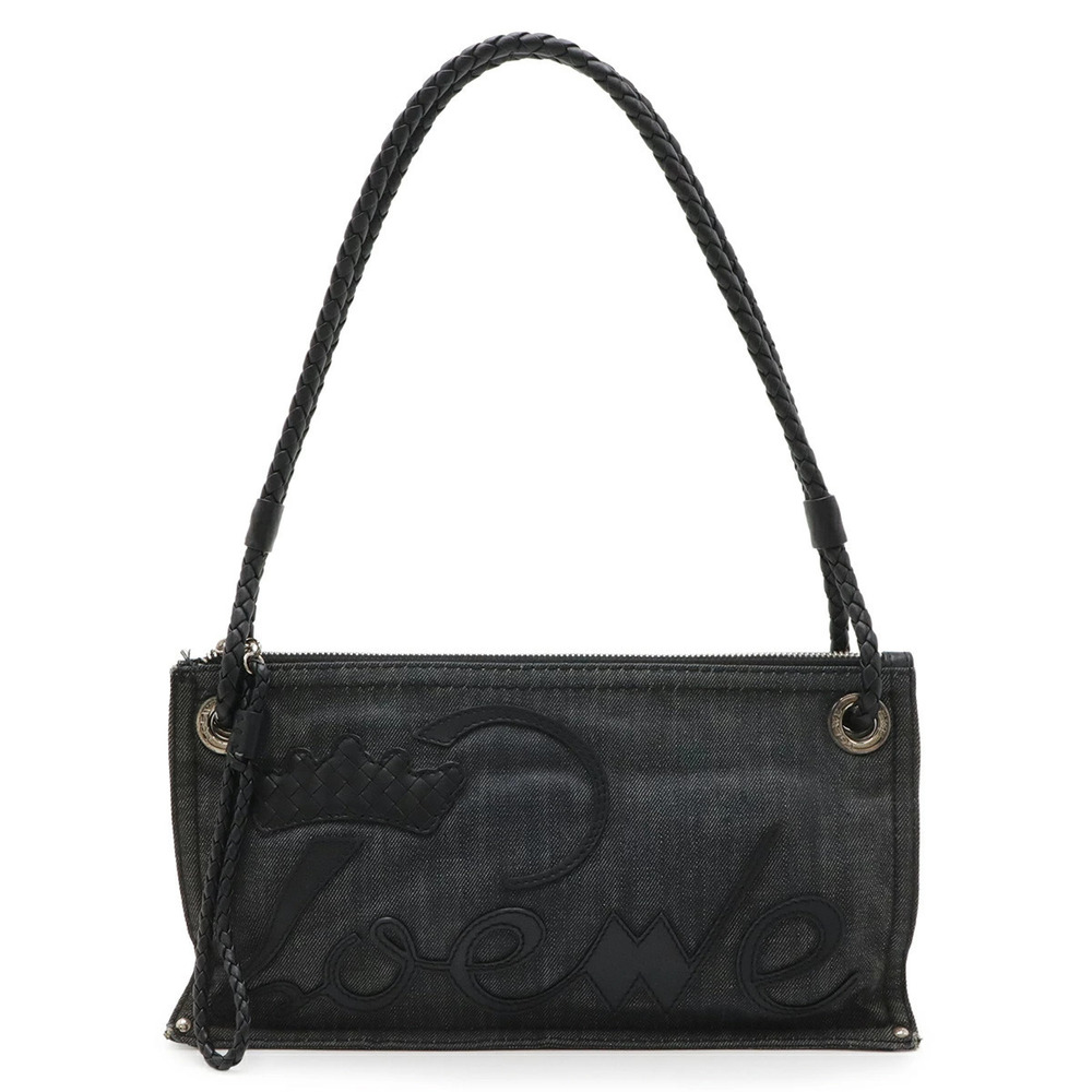 Loewe Crown Shopper Tote Bag Hobo Handbag Denim Leather Black